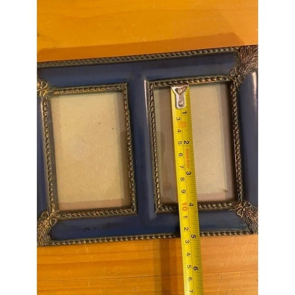 Vintage Blue and Gold Double Photo Frame 2-Opening Tabletop Wall Mount 8x6